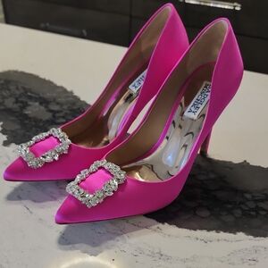 Badgley Mischka Hot Pink Satin Pointed Toe Heels with Crystal Buckles